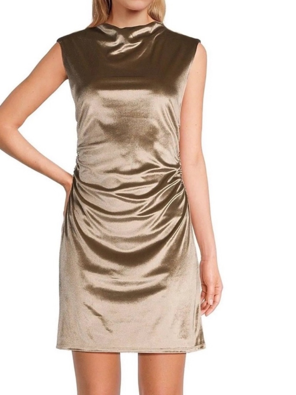 Wayf Metallic Champagne Ruched Mini Dress
